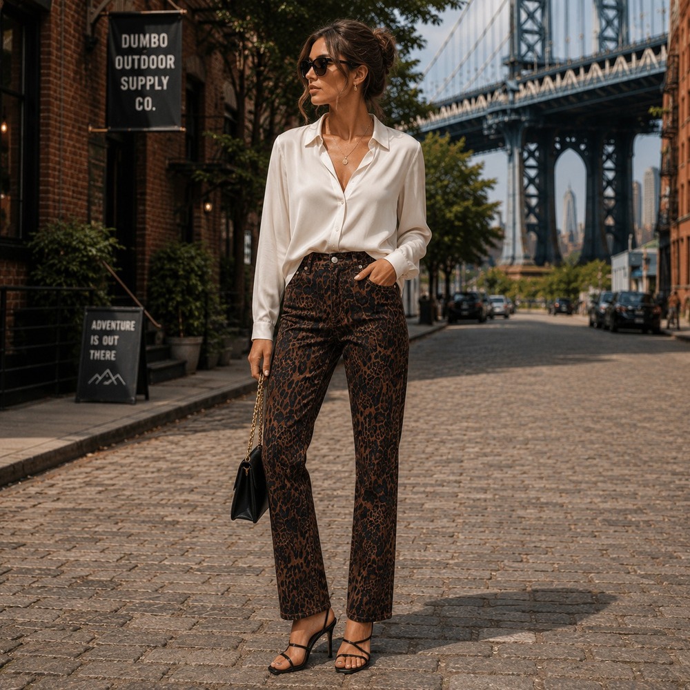 DKNY Women 28 New Jeans Leopard LAIGHT High Rise Classic Straight Brown DJSB4109